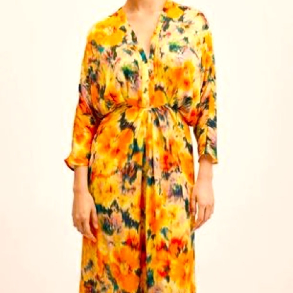 MANGO Flower Patterns Casual Flared V-Neck Long Sleeves Long maxi dress size 2